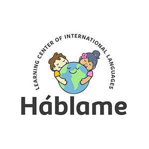 Hablame logo, Two kids hugging the world.