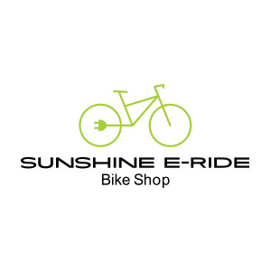 Green Bike Logo with Plug in the wheel. Sunshine E-Ride Bike Shop.